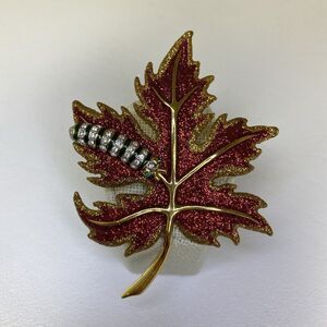 Joan Rivers Red Glittering Maple Leaf With Rhinestone Caterpillar Brooch